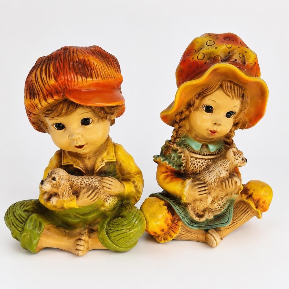 Vintage 1974 Universal Statuary Boy Girl Chalkware Figurines Puppy Kitten Pair